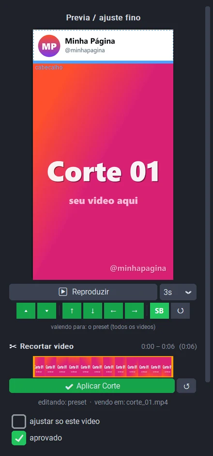 Prévia grande de um vídeo com botões de ajuste e recorte