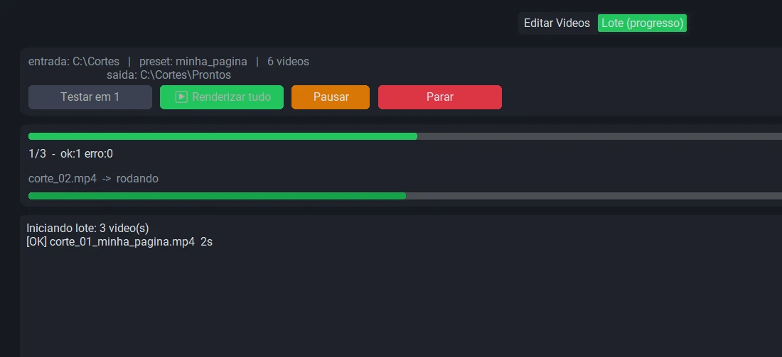 Aba Lote mostrando o progresso do processamento dos vídeos